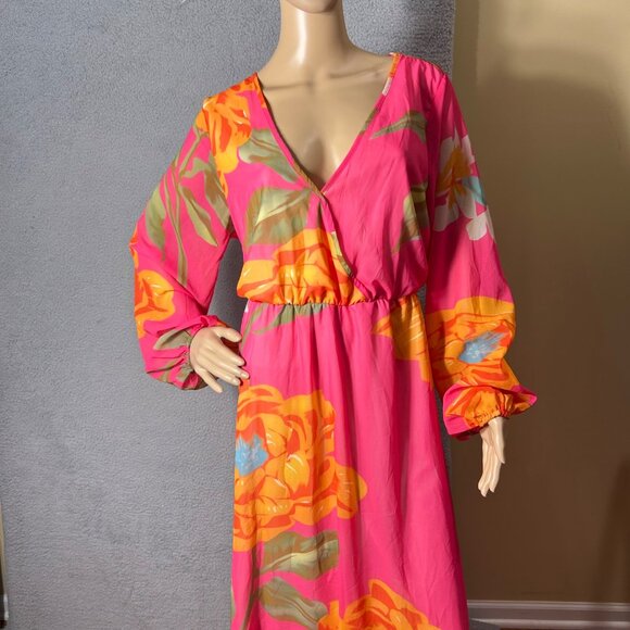 Womens Maxi Dress‎ XXL Bright Pink Floral Tropical Print Long-Sleeve Maxi - Picture 6 of 9